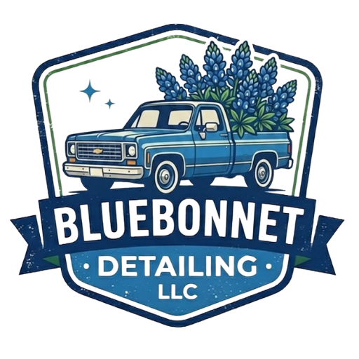 Bluebonnet Detailing LLC logo featuring a blue vintage pickup truck with bluebonnet flowers.